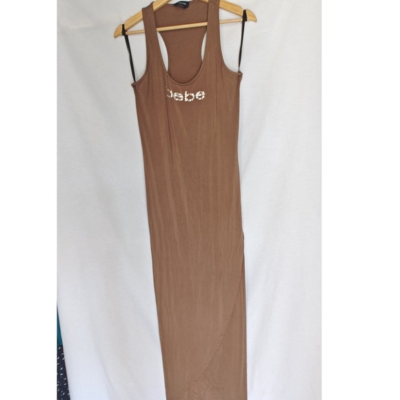 bebe Dresses & Skirts - Bebe Maxi Dress Racerback Bling Brown Pine Bark Crystal Logo Large Knit